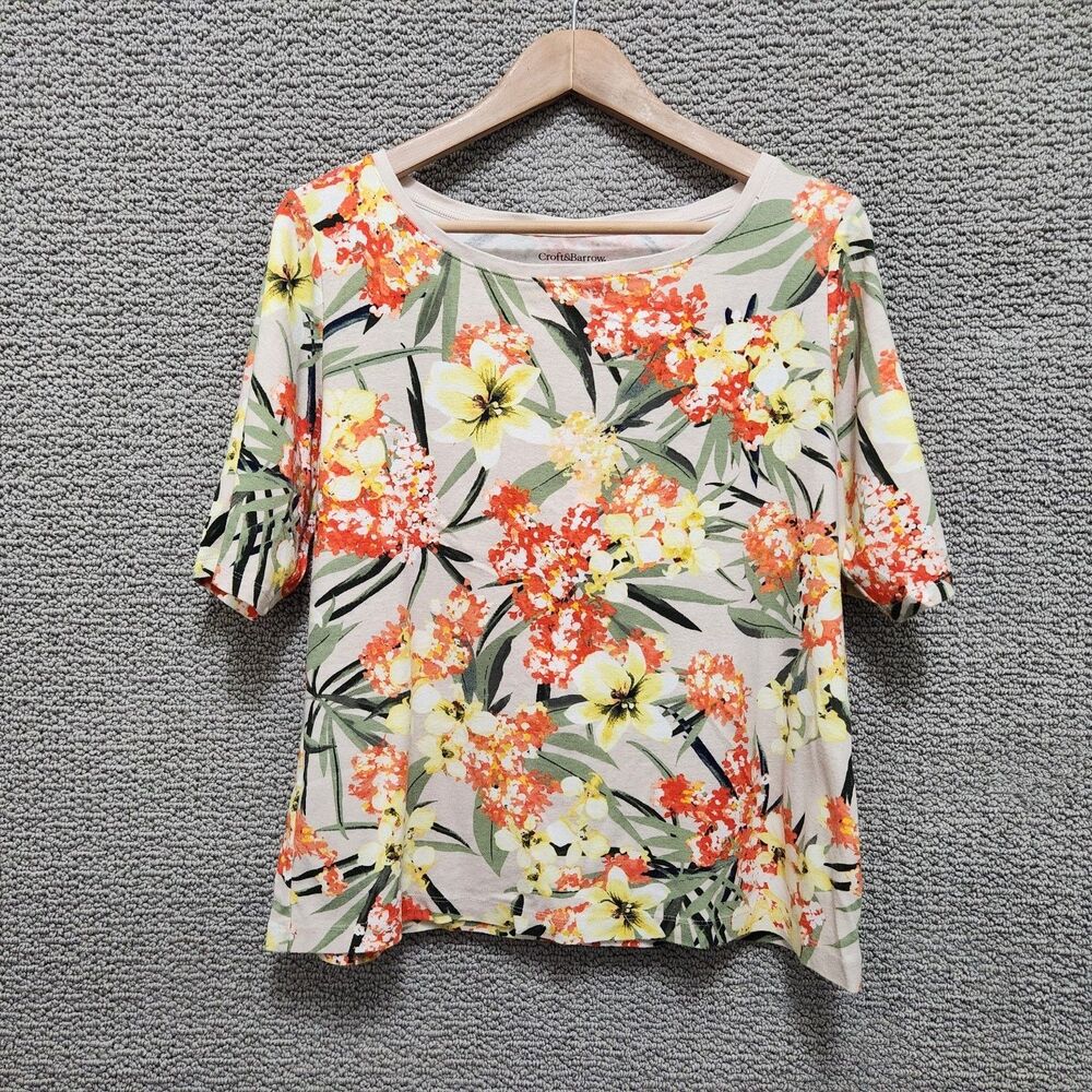 CROFT & BARROW Floral Tropical Knit Top Beige Orange Yellow Women's XL